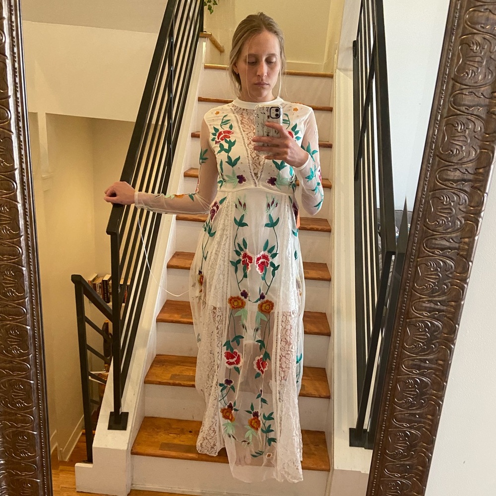 Frock and Frill all over floral embroidered prairie maxi dress in white US sz 4